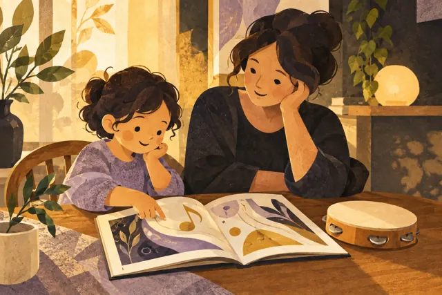 Illustration of a parent and child exploring a music book with a tambourine nearby